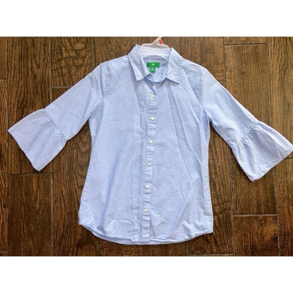 dip Tops - Womens XS Light Blue Chambray Bell Sleeve Ruffle Button Up Top dip Denim Look